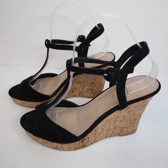 CHARLES by Charles David T-Strap Black Cork Wedge Sandals Size 9M - Picture 3 of 12